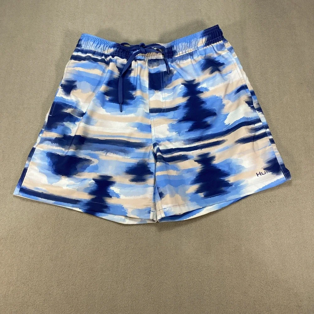 Huk Mens Medium Blue Abstract Print Fishing Swim Outdoor Shorts